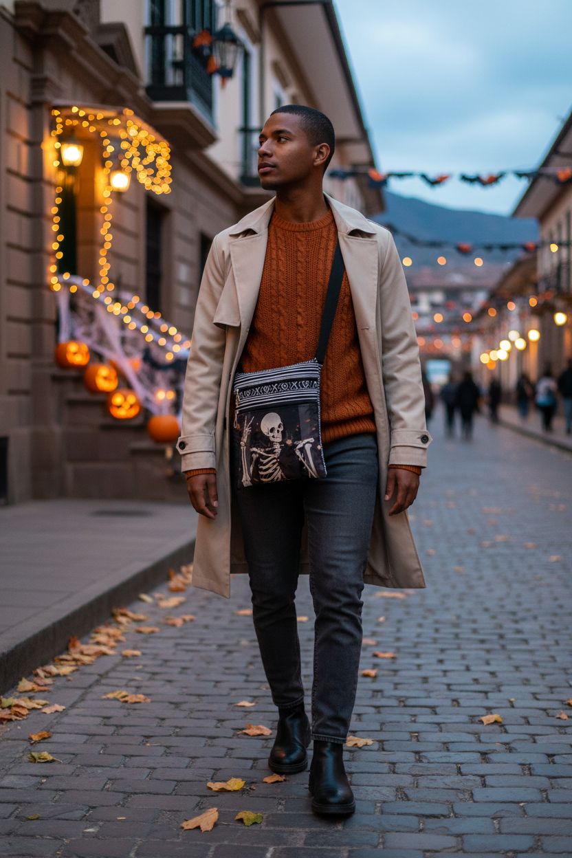 XiaoGalaee Gothic Skeleton Crossbody Bag displayed at Halloween block party with glowing lights.