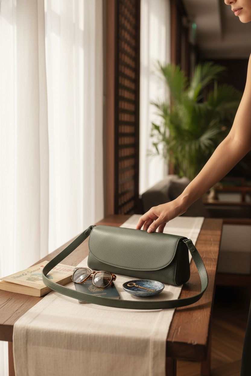 Vince Womens Pebble Sabrina Bag resting elegantly on a console in a boutique hotel lounge, surrounded by travel essentials.