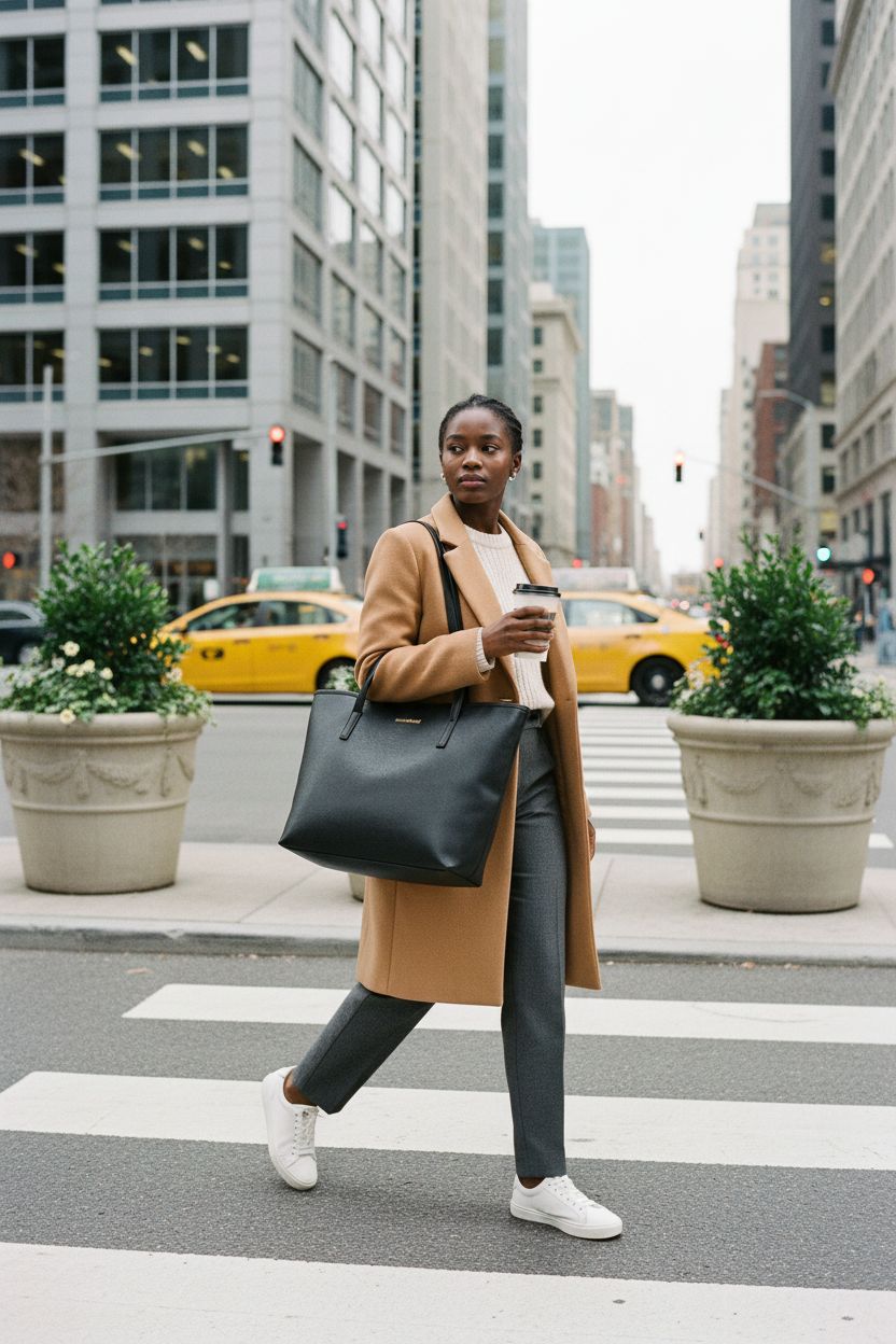 Montana West black tote bag with gold-tone hardware in city crosswalk