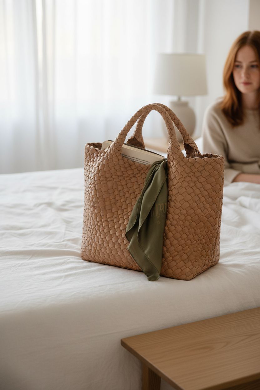 Apricot tote bag by Queenoris on a linen duvet, exuding a cozy coastal vibe perfect for travel.