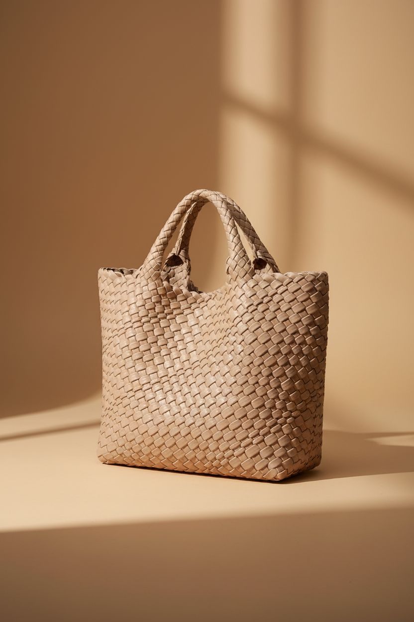 Close-up of Queenoris apricot woven tote bag, showcasing its elegant design and sturdy construction.