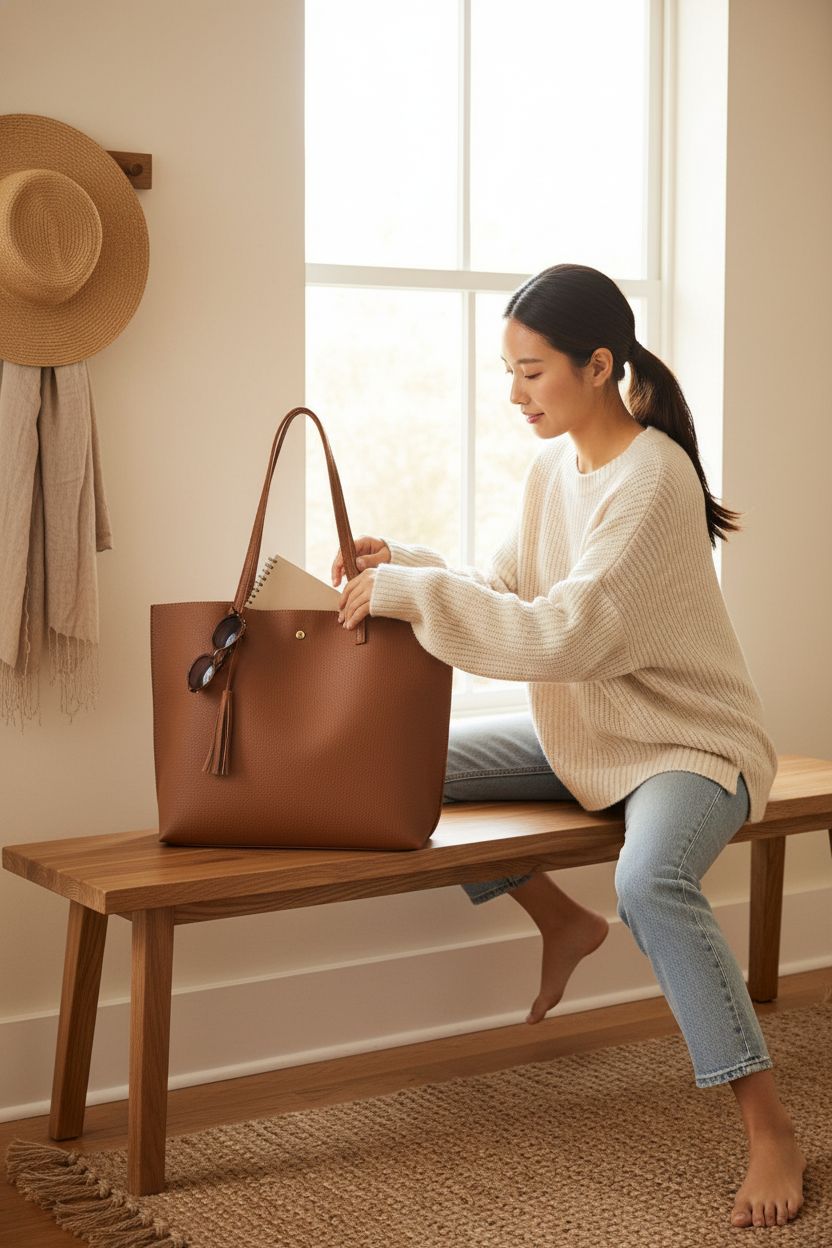 Dreubea Women's Faux Leather Tote on a cozy entryway bench, ready for grab-and-go convenience.