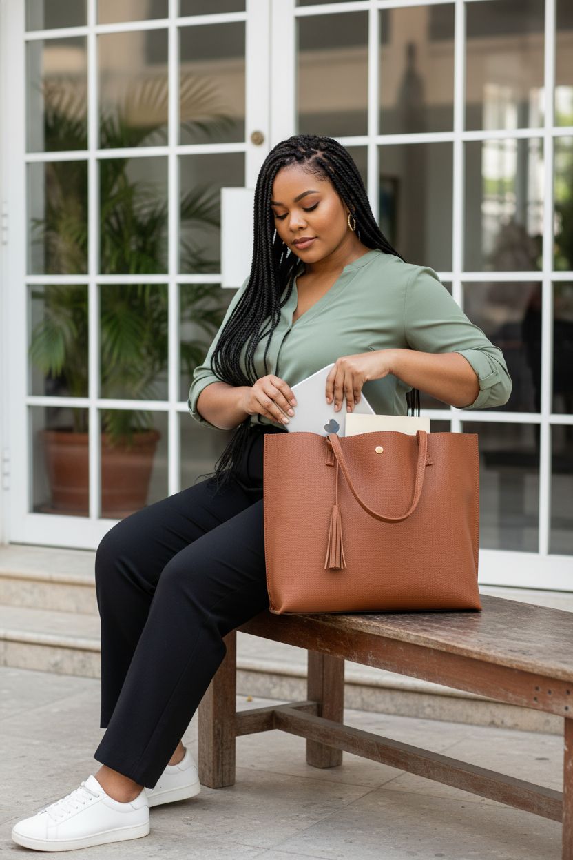 Dreubea Women's Soft Faux Leather Tote in brown, spacious interior, ideal for work or school.
