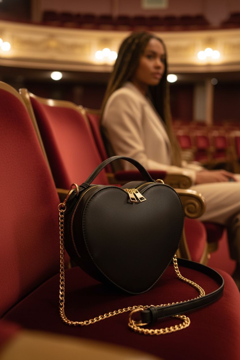 lola mae heart bag resting on plush velvet seat in vintage theater, showcasing luxurious design