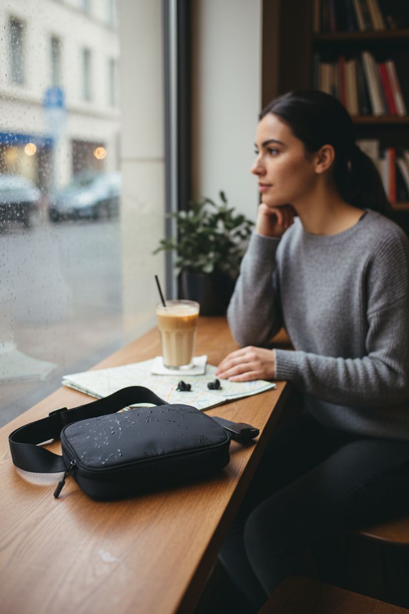 WITROMAN black belt bag beside iced latte and city map in cozy café, ready for travel.
