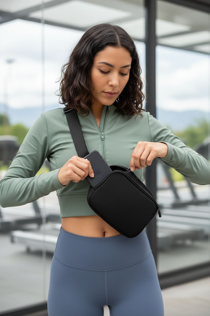 WITROMAN black fanny pack with smartphone in gym setting, showcasing style and functionality.