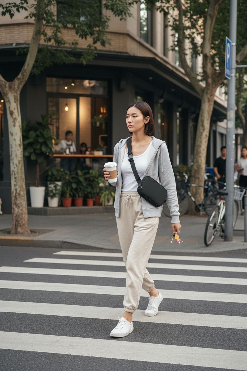 WITROMAN black crossbody bag in urban setting, perfect for on-the-go coffee breaks.