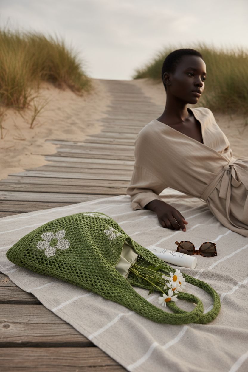 AIYUENCICI crochet tote beside sunglasses and sunscreen at a beach picnic