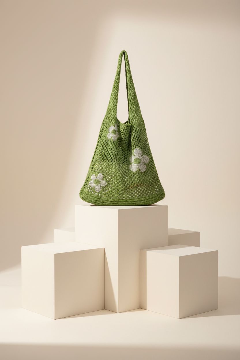 AIYUENCICI green crochet tote showcased on a minimalistic backdrop, highlighting design
