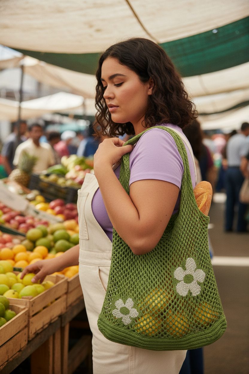 AIYUENCICI green crochet tote displayed with fruits and bread at a farmer's market