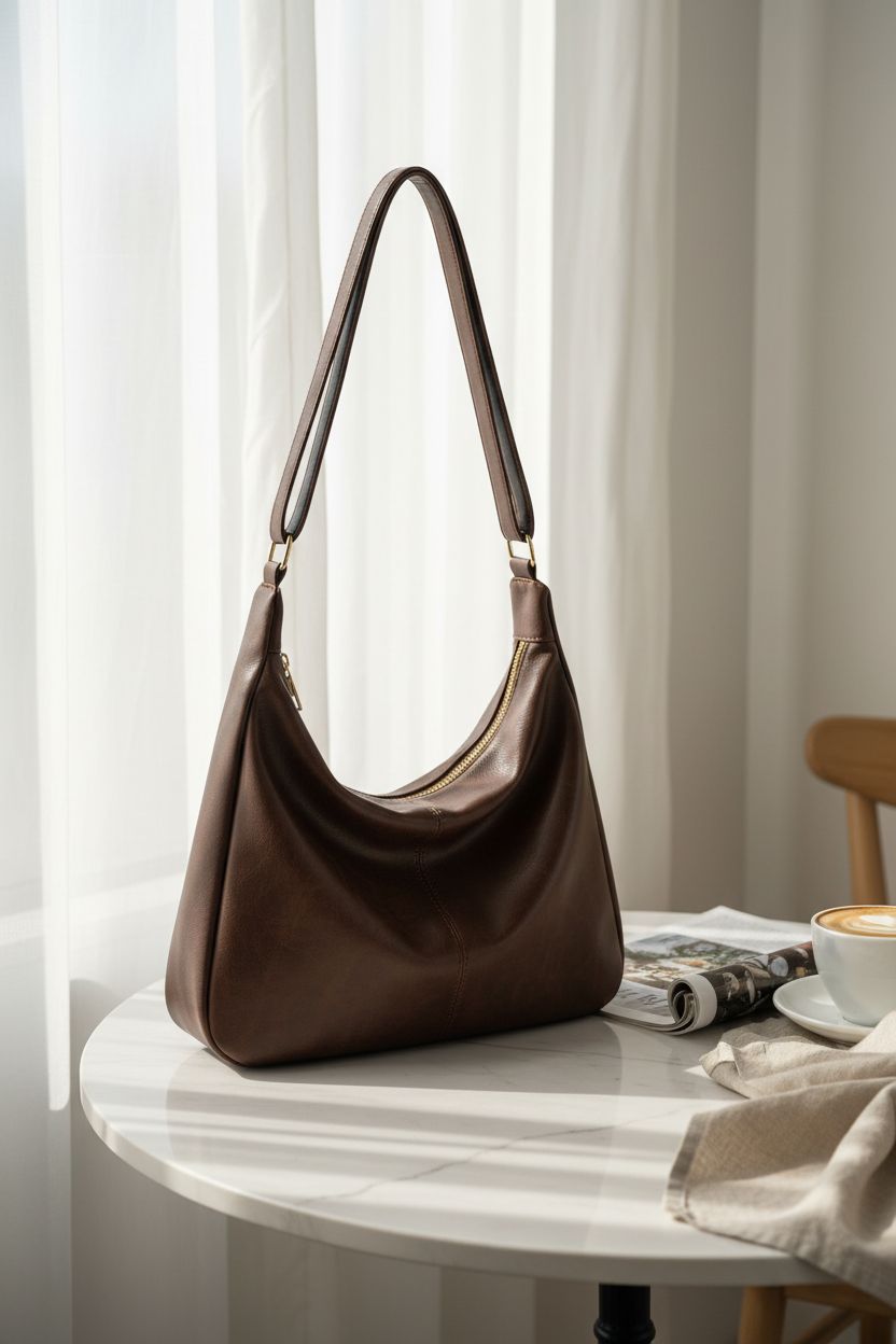 NIUEIMEE ZHOU hobo bag resting on a cafe table with morning light ambiance
