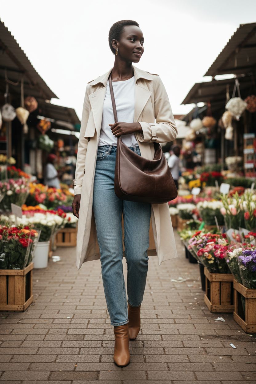 NIUEIMEE ZHOU vegan leather hobo bag slouched crossbody in outdoor market setting