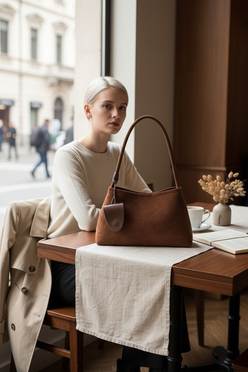 MZHOPEHB chocolate brown faux suede hobo bag on a café table, soft light highlighting its texture