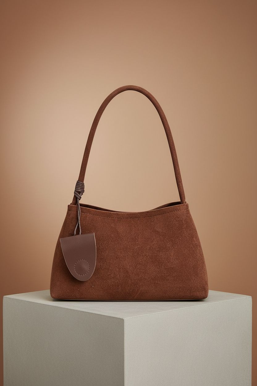 MZHOPEHB chocolate brown faux suede hobo bag on a taupe background, showcasing its vintage style
