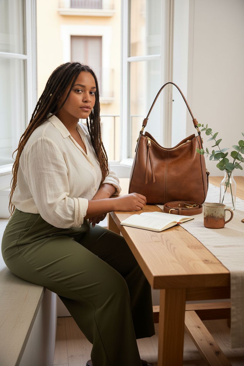 Cognac hobo bag by Realer on a table, surrounded by a cozy morning setup with a notebook and mug.