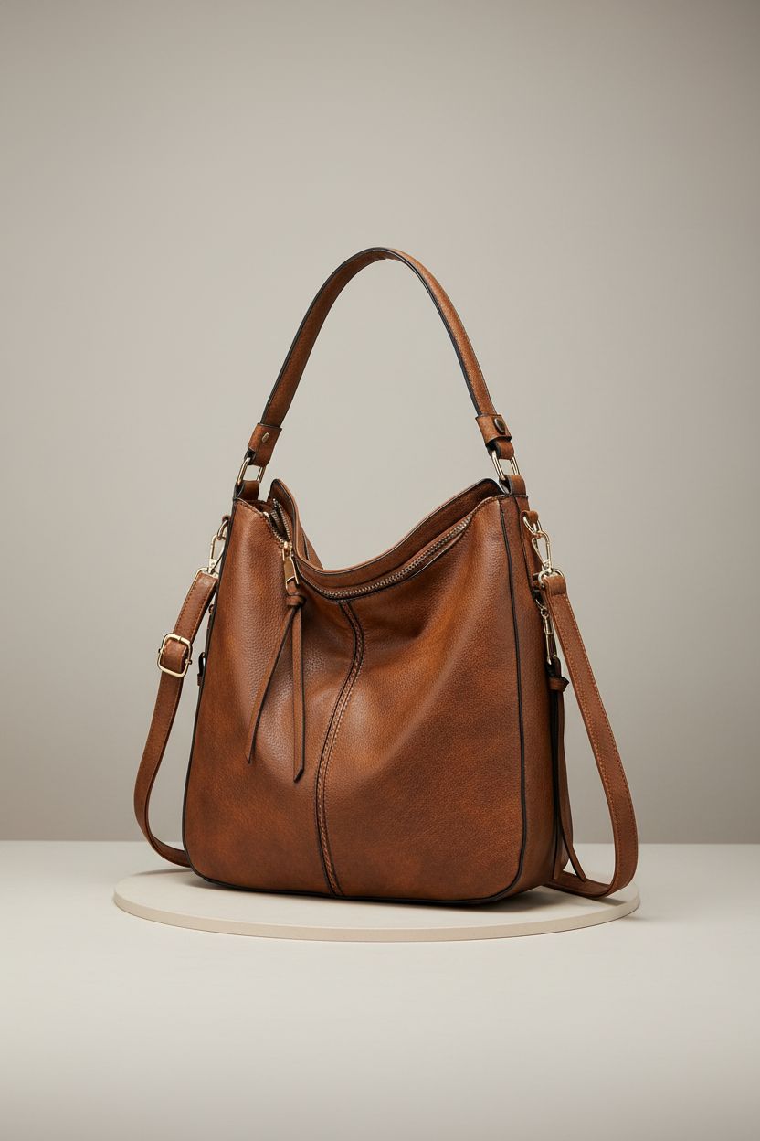 Realer hobo handbag in faux leather, highlighting its sleek design and practical features on a clean backdrop.