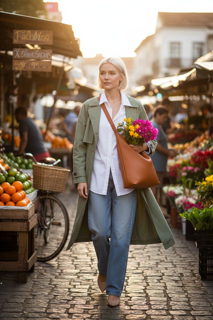 HOXIS orange-brown hobo bag styled with light denim and sage trench at a market