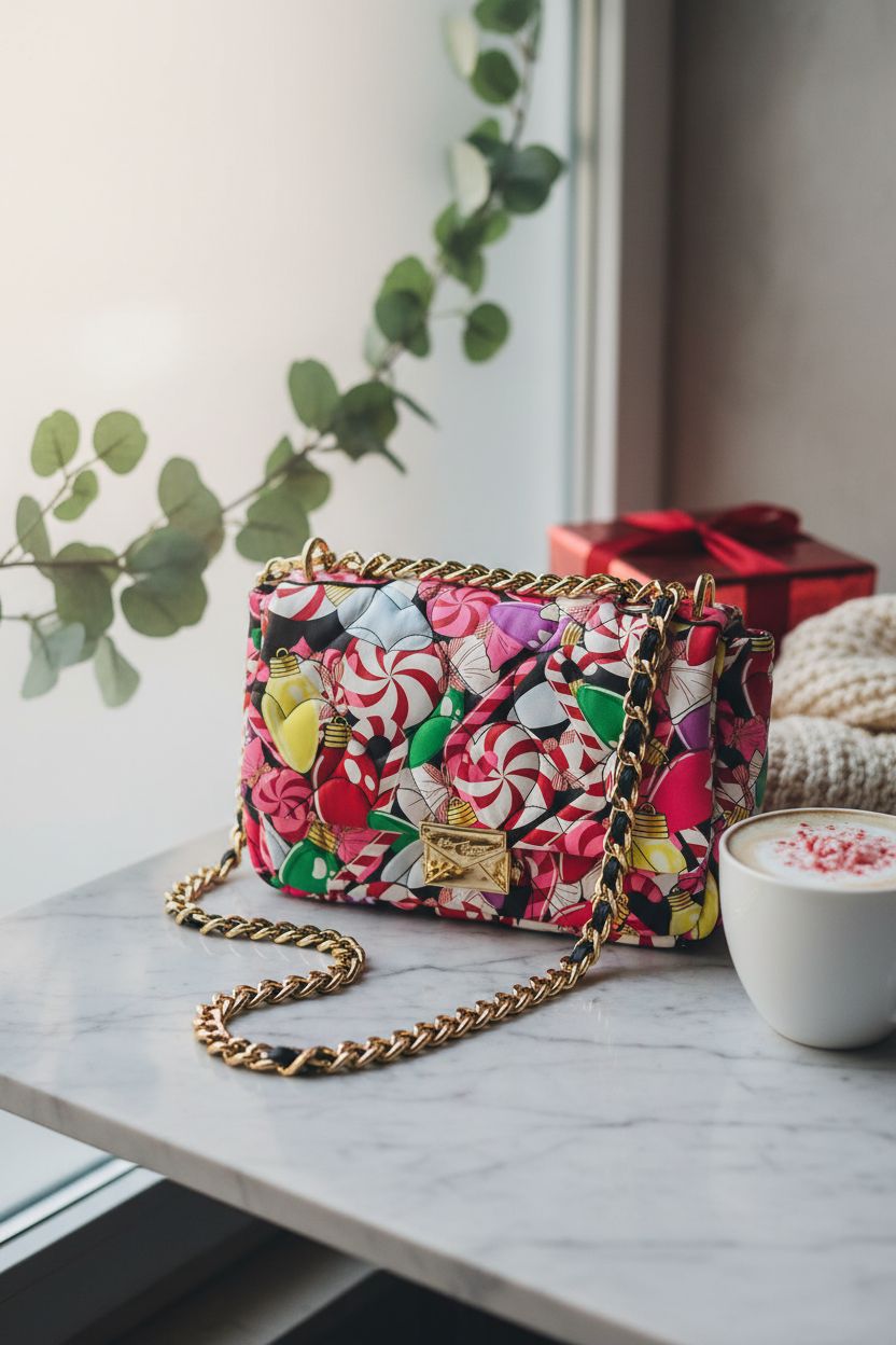 Betsey Johnson holiday purse beside a peppermint latte in a cozy café