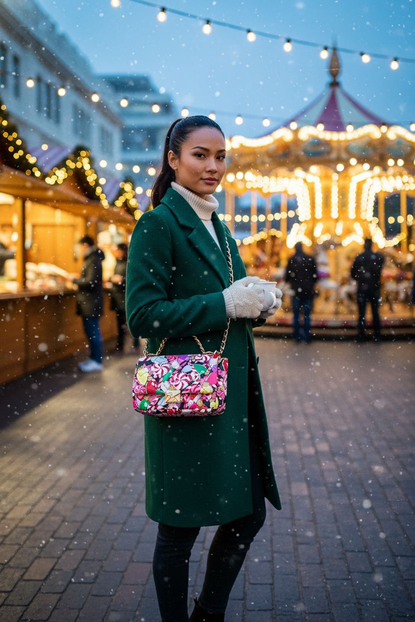 Betsey Johnson holiday purse in candy-and-ornament print at festive market