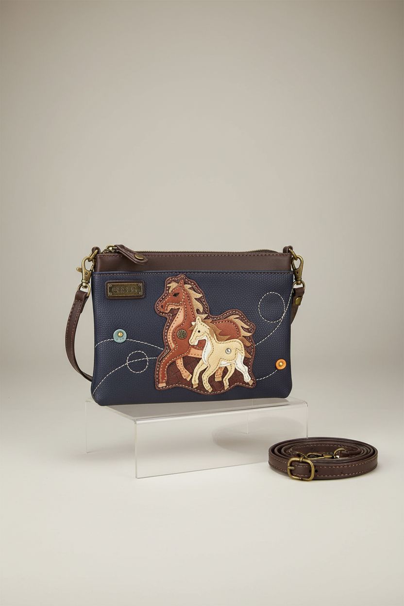 Close-up of CHALA navy mini crossbody purse, highlighting faux leather and detachable strap.