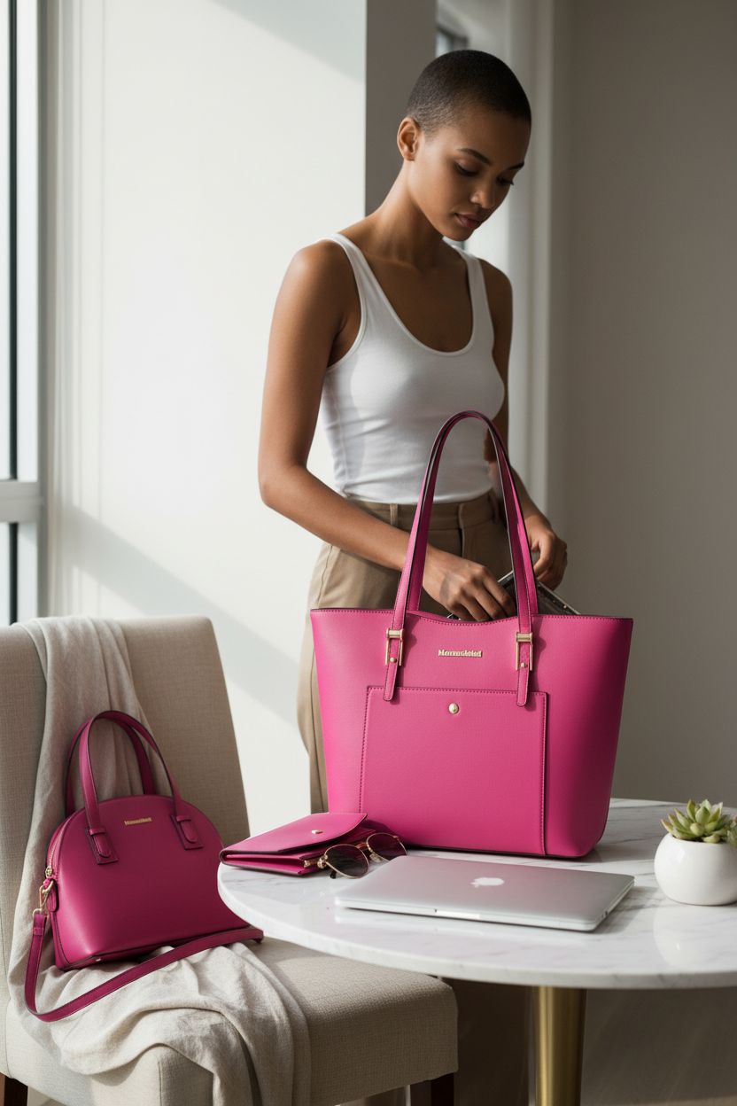 Montana West hot pink purse arranged in a Miami apartment, highlighting tote and wallet.