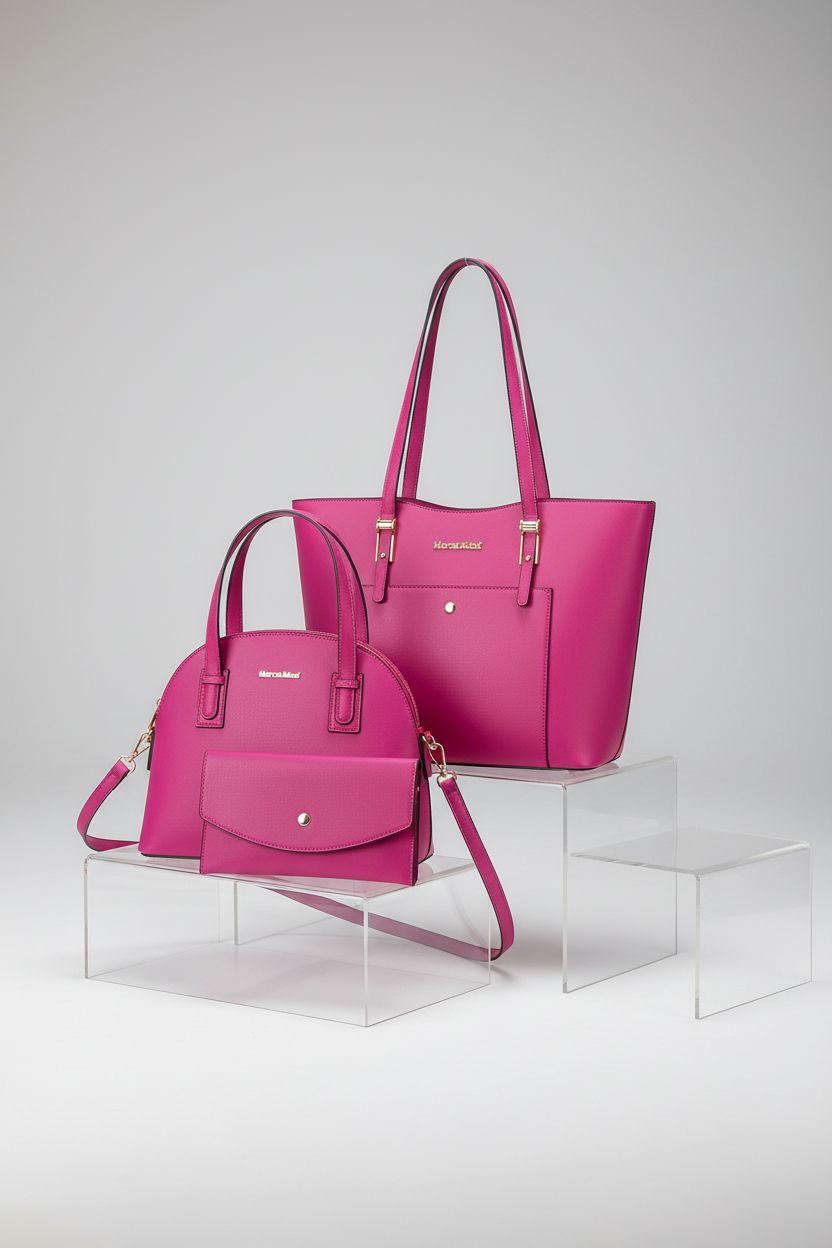 Montana West hot pink 3-piece purse set displayed on a sleek riser in a studio.