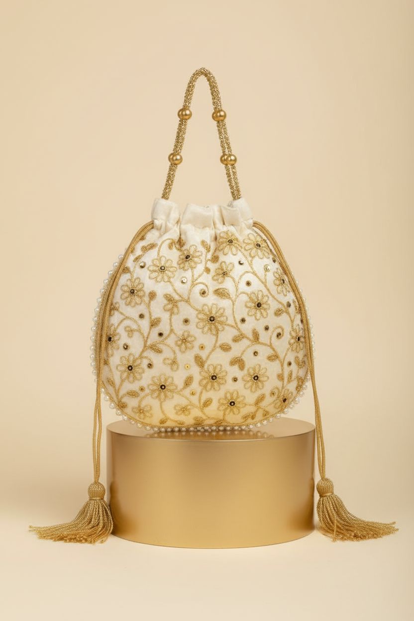 Close-up of Aaribax ivory-gold embroidered potli bag on a minimal backdrop, highlighting its exquisite details.