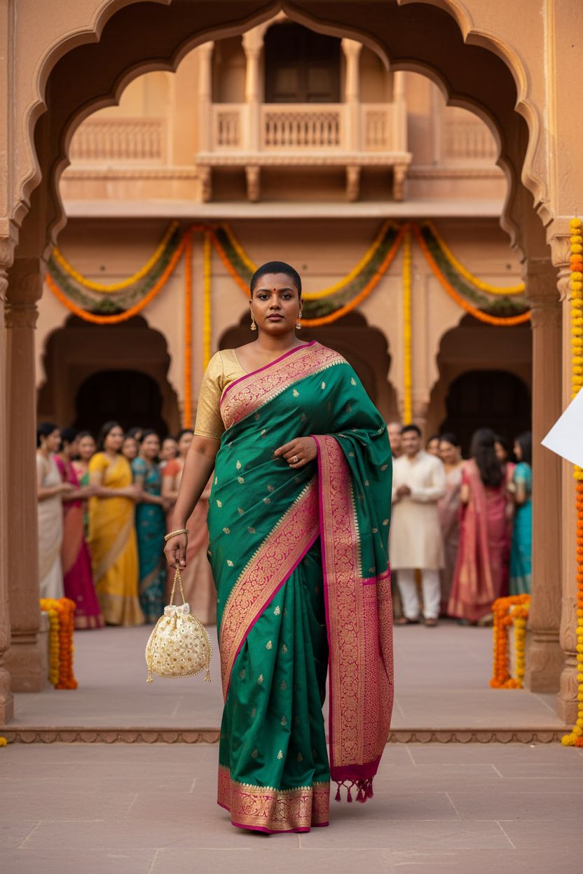Embroidered gold potli bag by Aaribax showcased in a heritage courtyard setting, perfect for weddings.