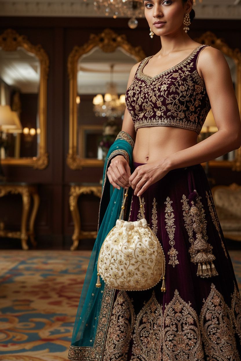 Ivory-gold embroidered potli bag by Aaribax being adjusted with a plum velvet lehenga, perfect for festive events.