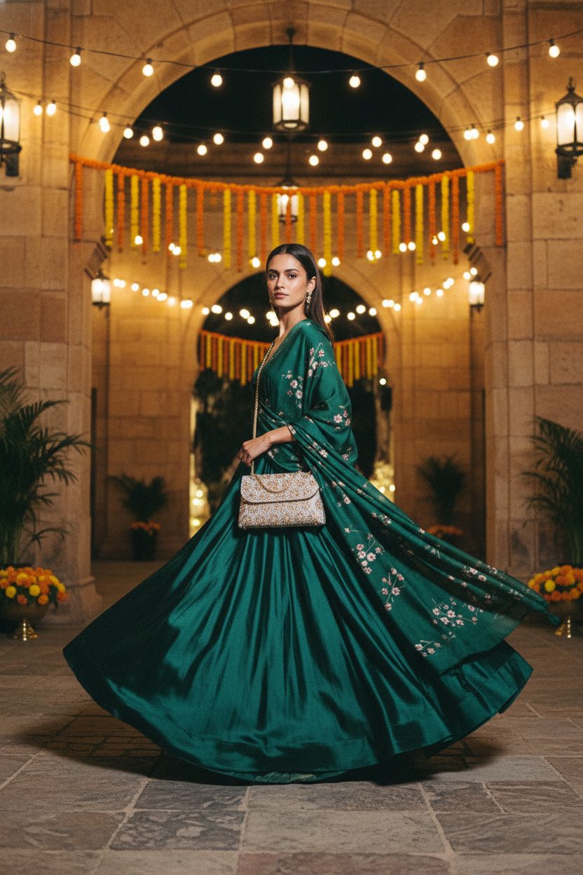 BBTT.ful champagne rhinestone evening clutch purse in festive sangeet setting