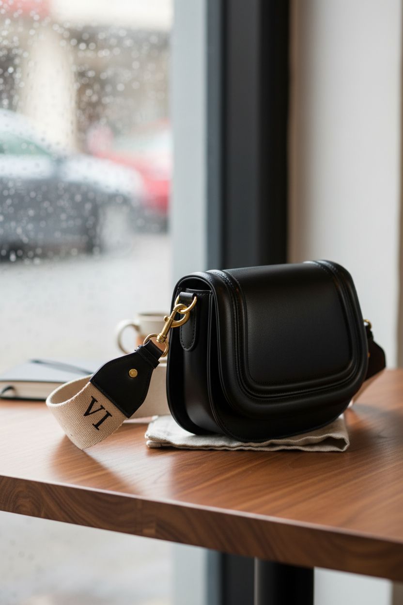 FASTFAIRY leather crossbody purse on a cozy café table, showcasing its elegant design and initial tag.