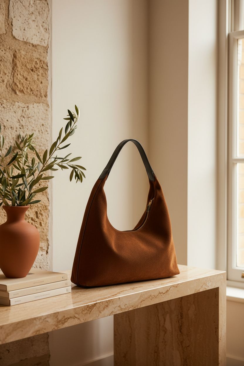 Madewell Women's Mylie Shoulder Bag in russet, elegantly displayed in a serene interior setting.