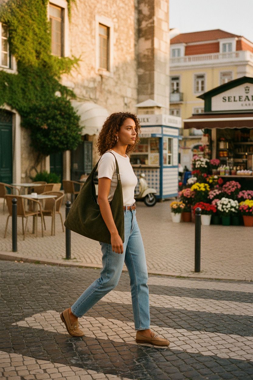Madewell Mylie Shoulder Bag in loden green Italian leather, perfect for sunny outings.