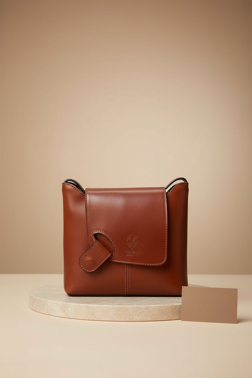 LaGaksta Isabella Crossbody Bag displayed on a stone plinth, highlighting its structured design and leather quality.