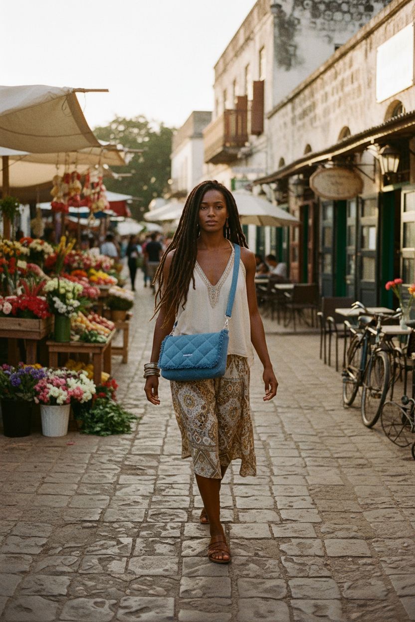 BAGSMART denim purse worn crossbody against a vibrant market, showcasing style and adjustability.