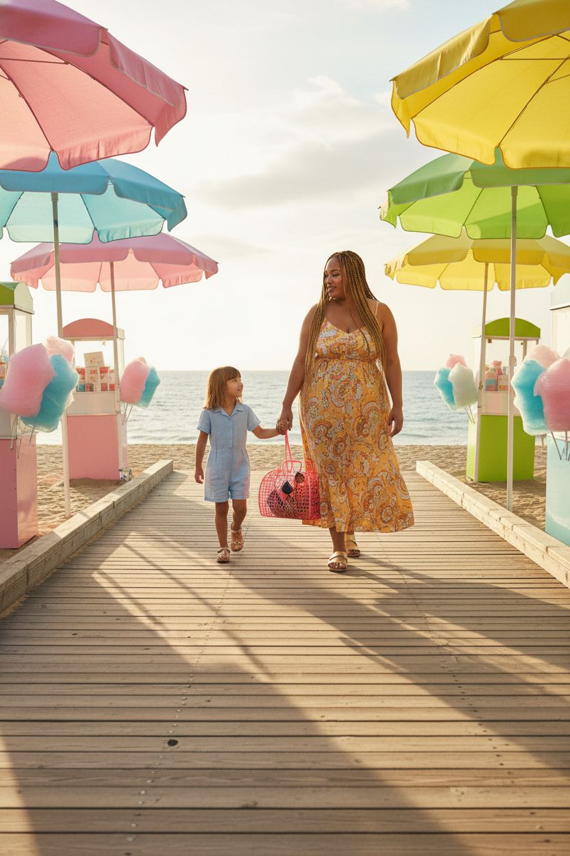 Bright red jelly purse by Generic swings on a beach boardwalk, revealing summer essentials like towels and sunglasses.