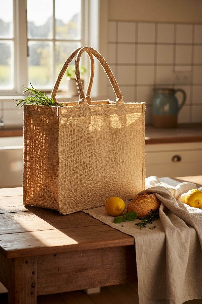 DGDFLDGC jute tote on a rustic kitchen table with fresh produce and herbs