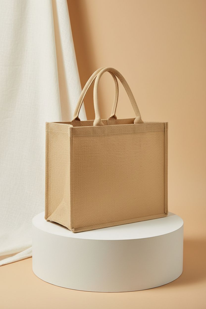 DGDFLDGC jute tote bag displayed on a pedestal, highlighting its craftsmanship
