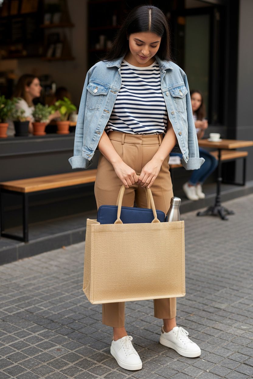 DGDFLDGC jute tote bag held stylishly at a café, showcasing its laminated interior