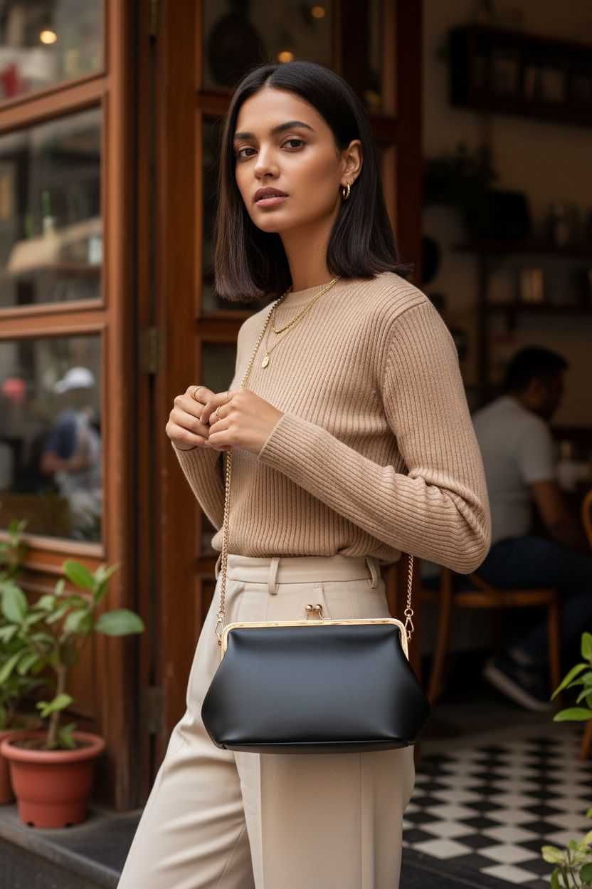 CATSEA black kiss-lock bag held at chest level, paired with oatmeal ribbed knit outfit.