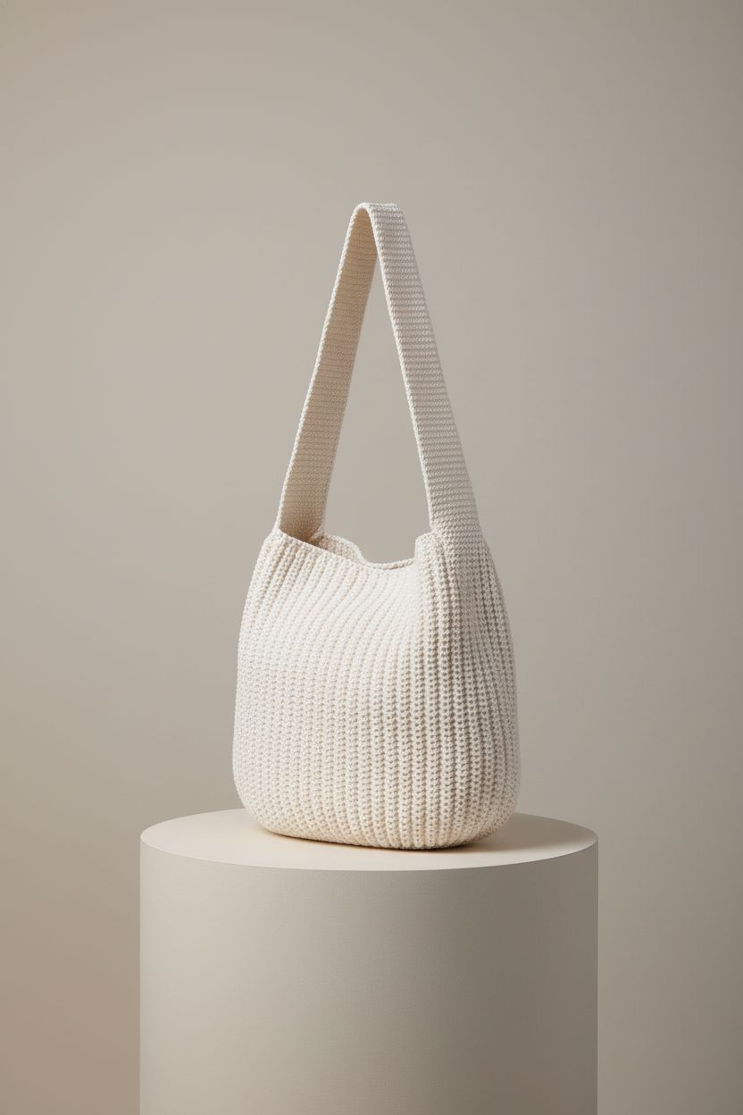 Product shot of ENBEI white crochet tote bag showcasing its design and quality