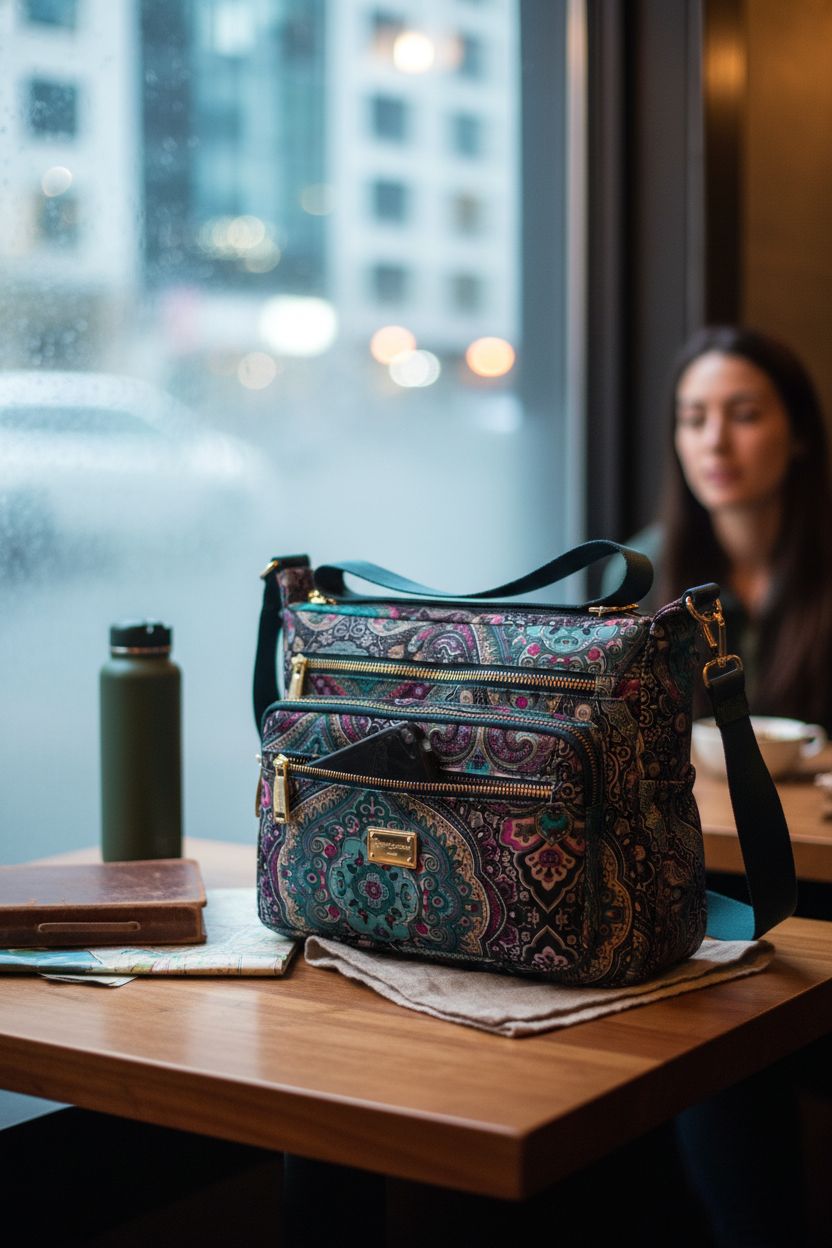 Pealwel ladies tote bag on a cozy café table, surrounded by travel essentials in a rainy ambiance.