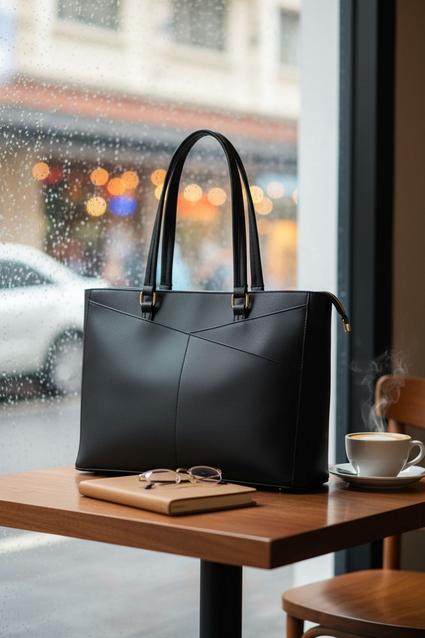 LOVEVOOK black tote bag on café table with planner and cappuccino, showcasing elegant style