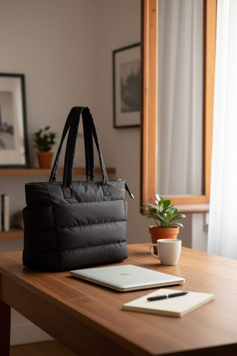 BAGSMART black tote bag beside a closed laptop in a serene home office setting