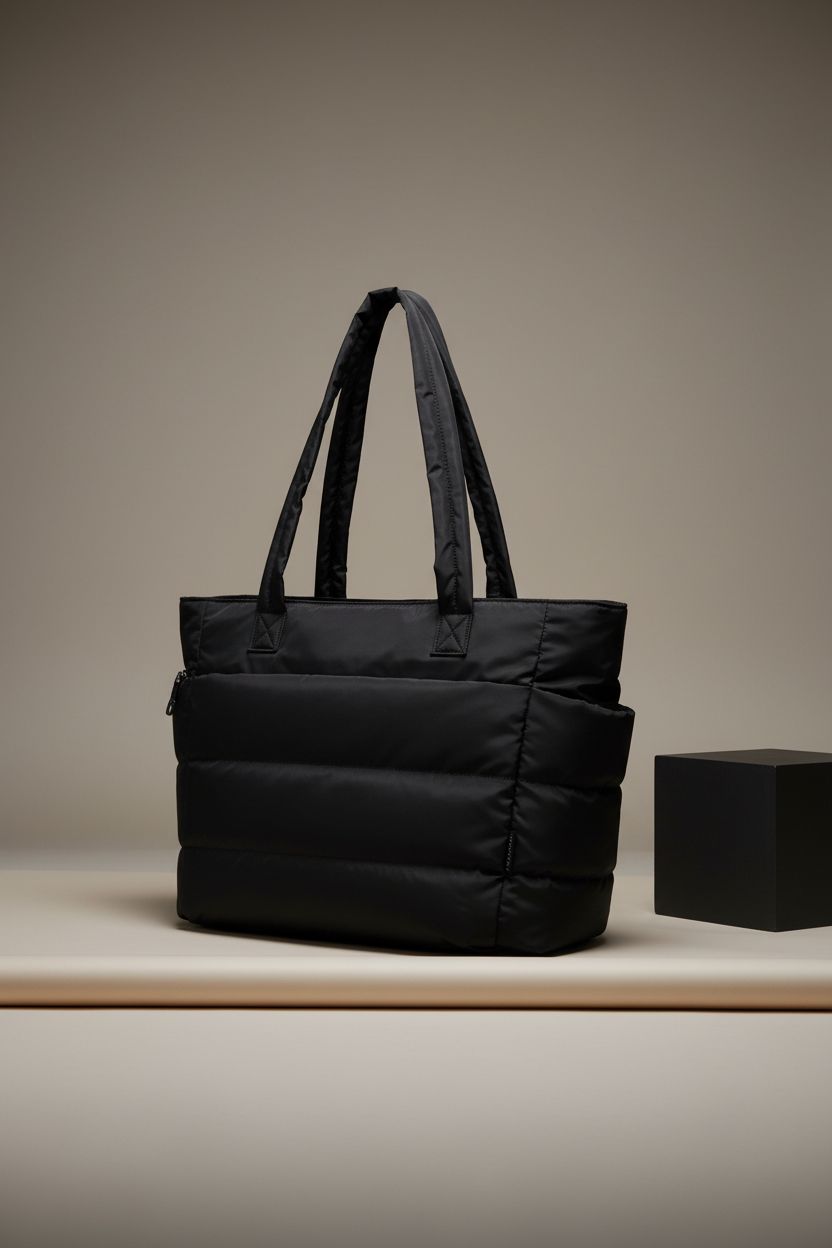 BAGSMART puffy black laptop tote showcasing its design and features against a clean backdrop