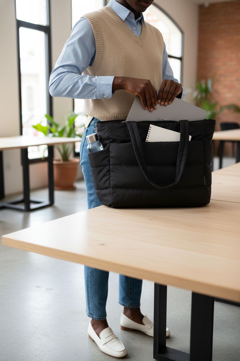 BAGSMART black laptop tote bag with water bottle and notebook in a coworking lounge