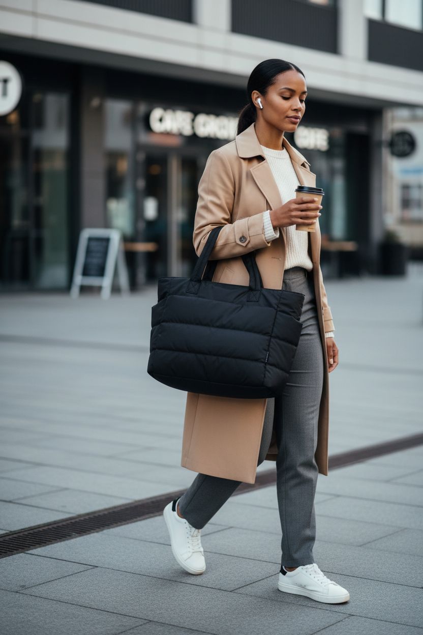 BAGSMART quilted puffy tote bag worn stylishly in a tech district, perfect for daily use