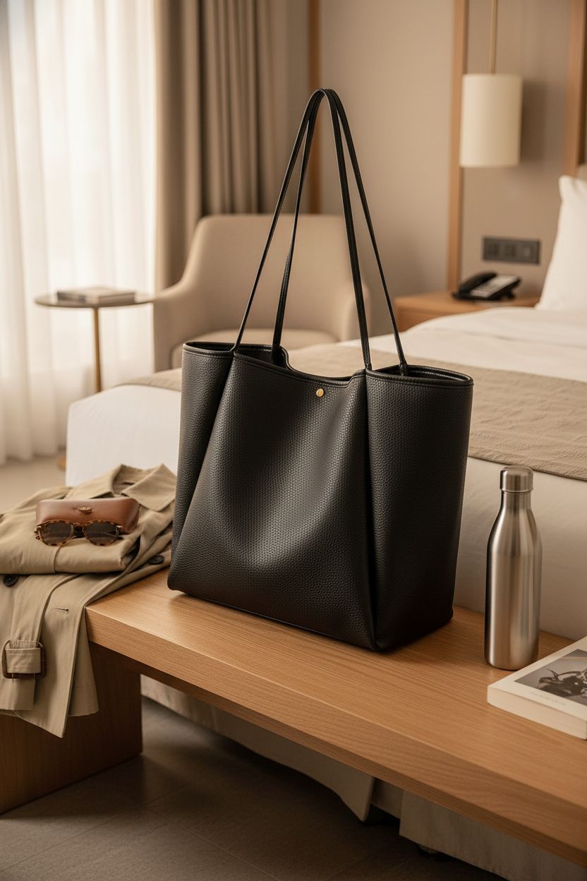 HOXIS black tote on oak bench in a boutique hotel room, perfect for weekend getaways.