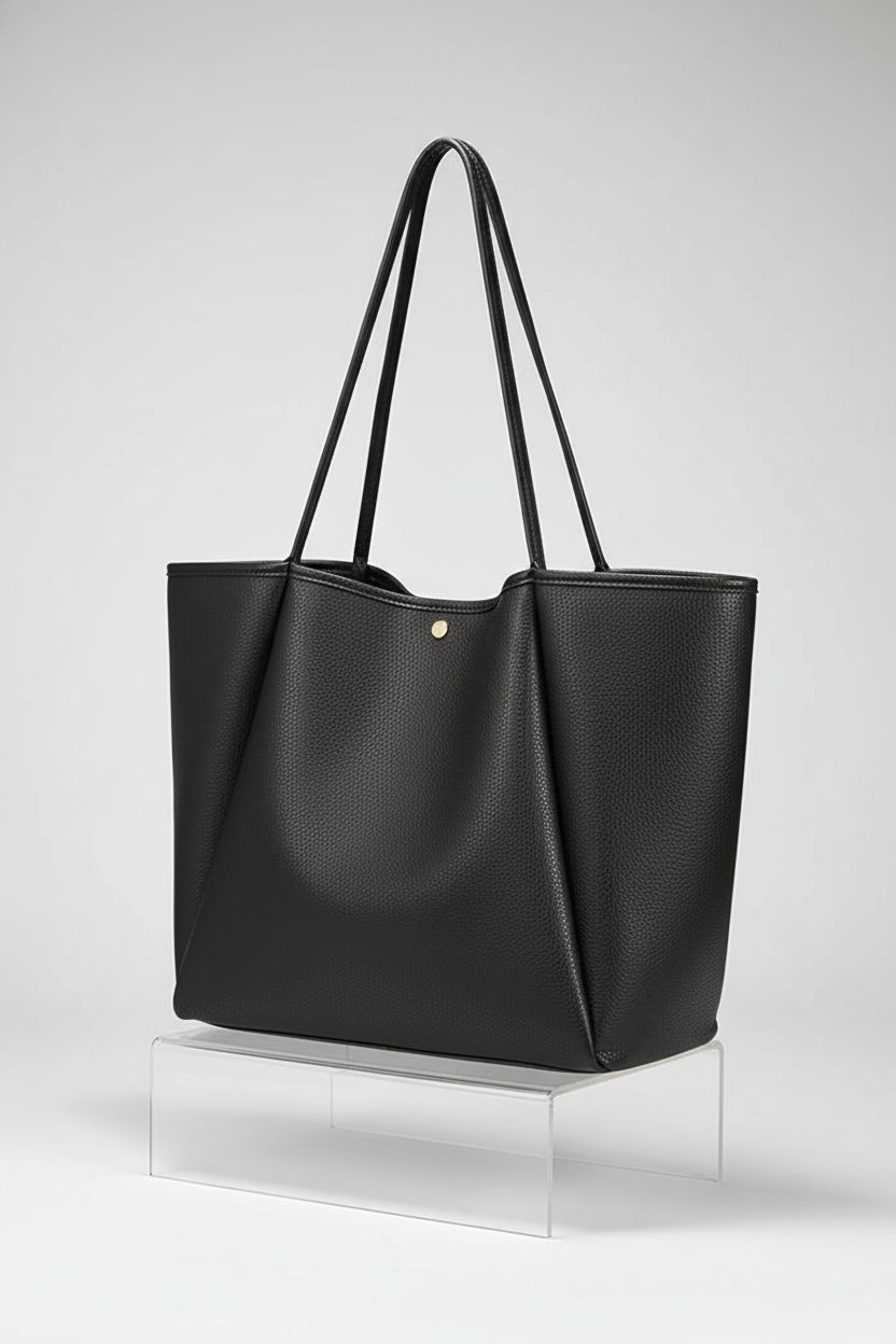 Product shot of HOXIS oversized black tote bag highlighting its pebble-grain texture.