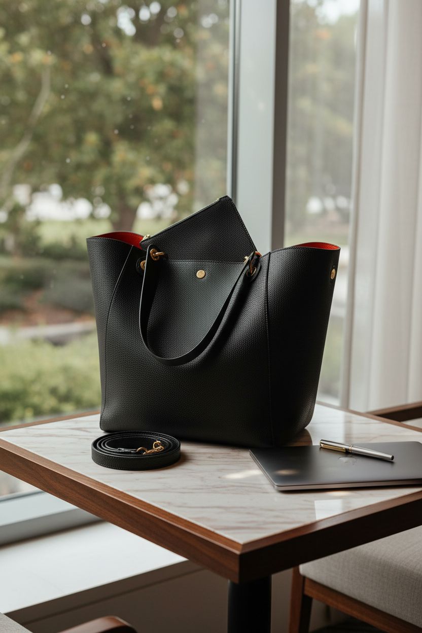 sqlp large tote bag resting on marble table, showcasing its elegant design and functionality